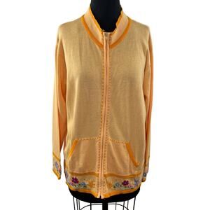 Storybook Knits Orange L Full Zip Cardigan Sweater Floral Embroidery Long Sleeve